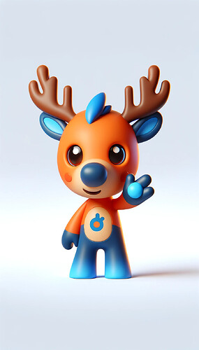 DALL·E 2023-12-10 11.41.10 - Create a 3D mascot concept that is a cute orange and blue moose (elk) for the Defold game engine, matching the design of the attached image. The masco