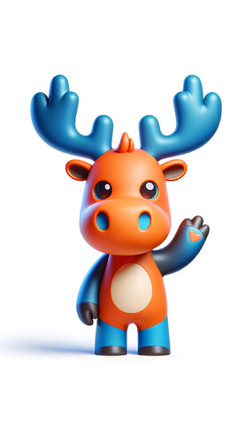 DALL·E 2023-12-10 11.54.22 - Create a 3D mascot concept that is a cute orange and blue moose (elk) for the Defold game engine, exactly matching the provided design, with the addit