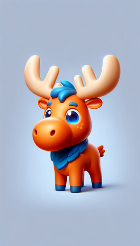 DALL·E 2023-12-10 10.09.35 - Create a 3D mascot concept that is a cute orange and blue moose (elk) for the Defold game engine. The mascot should be stylized and endearing, with a